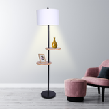 NNEDPE Sarantino Metal Floor Lamp Shade with Black Post in Round Wood Shelves