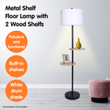 NNEDPE Sarantino Metal Floor Lamp Shade with Black Post in Round Wood Shelves