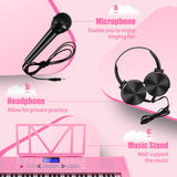 NNECW 61-Key Electric Piano Portable Digital Keyboard with Key Music Stand-Pink