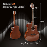 NNECW 104 cm Cutaway Folk Standard Full Size 6 String Guitar for Beginner Adults