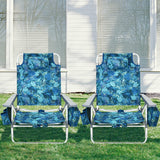 NNECW Set of 2 Folding Beach Chair Set with Headrest and Cup Holder-Blue