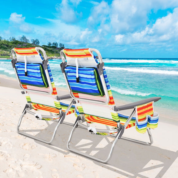 NNECW Set of 2 Folding Beach Chair Set with Headrest and Cup Holder-Multicolor