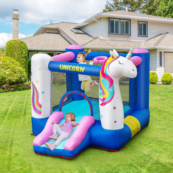 NNECW Inflatable Unicorn Theme Bounce House with Slide & Basketball Hoop with Blower