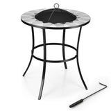 NNECW Outdoor Round Fire Pit Table with Mesh Screen Lid & Fire Poker