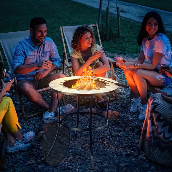 NNECW Outdoor Round Fire Pit Table with Mesh Screen Lid & Fire Poker