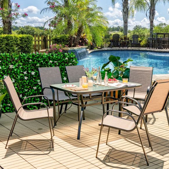 NNECW 7 Piece Patio Dining Set with 6 Stackable Chairs & Rectangular Table