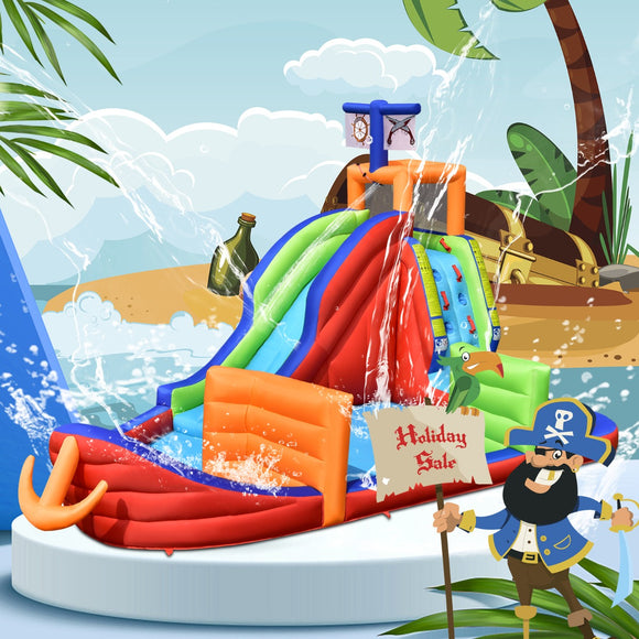 NNECW 6-in-1 Inflatable Pirate Ship Bounce House with Long Slide for Kids with Blower
