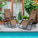 NNECW Patio Zero Gravity Lounge Chair with Cup Holder &amp Removable Pillow-Brown-2 pieces