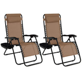 NNECW Patio Zero Gravity Lounge Chair with Cup Holder &amp Removable Pillow-Brown-2 pieces