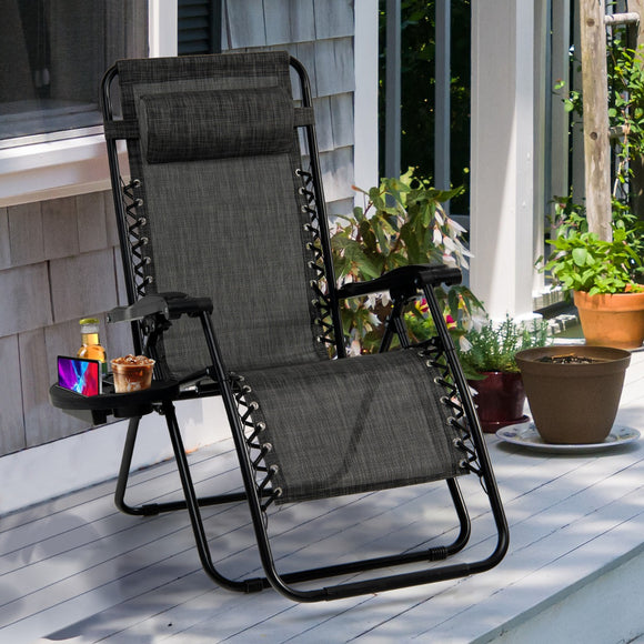NNECW Patio Zero Gravity Lounge Chair with Cup Holder & Removable Pillow-Grey-1 piece