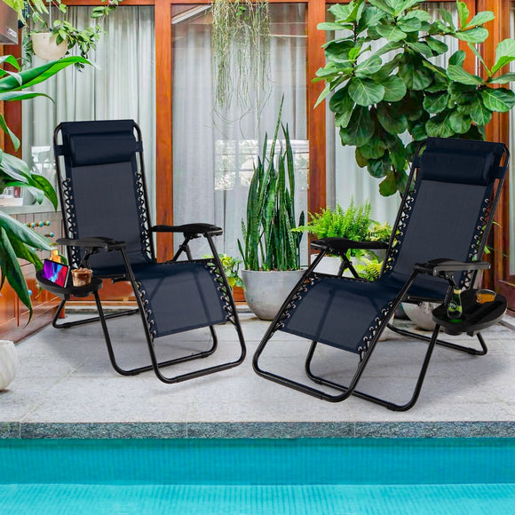 NNECW Patio Zero Gravity Lounge Chair with Cup Holder & Removable Pillow-Navy-1 piece