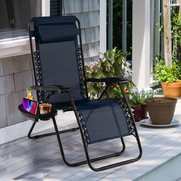 NNECW Patio Zero Gravity Lounge Chair with Cup Holder & Removable Pillow-Navy-2 pieces
