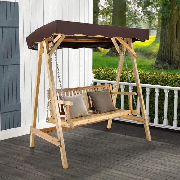 NNECW 2-Person Wooden Swing Chair with Canopy & Armrests