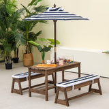 NNECW Kids Table &amp Bench Set with Umbrella &amp Cushions for Indoor Outdoor Activity-Blue