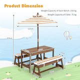 NNECW Kids Table &amp Bench Set with Umbrella &amp Cushions for Indoor Outdoor Activity-Brown