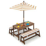 NNECW Kids Table &amp Bench Set with Umbrella &amp Cushions for Indoor Outdoor Activity-Brown