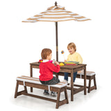 NNECW Kids Table &amp Bench Set with Umbrella &amp Cushions for Indoor Outdoor Activity-Brown