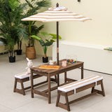 NNECW Kids Table &amp Bench Set with Umbrella &amp Cushions for Indoor Outdoor Activity-Brown