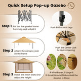 NNECW 4M x 4M Pop-up Gazebo Canopy with Zippered Netting Mesh Sidewalls-Golden