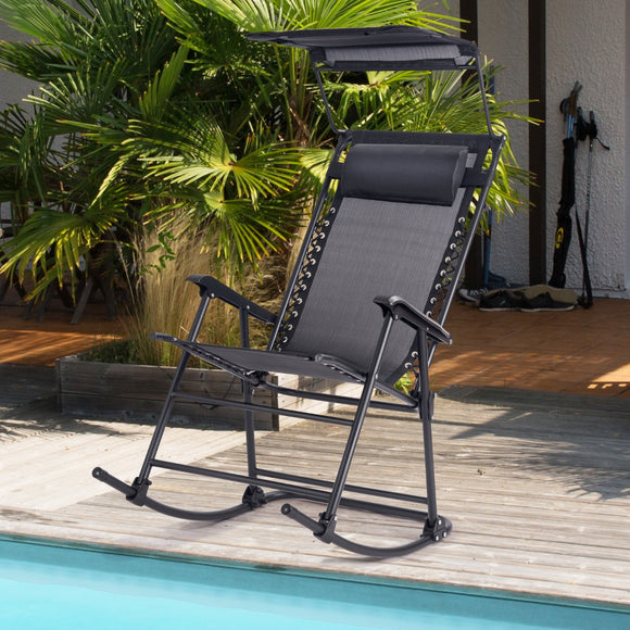 NNECW Folding Zero Gravity Lounge Chair with Shade Canopy for Beach-Black