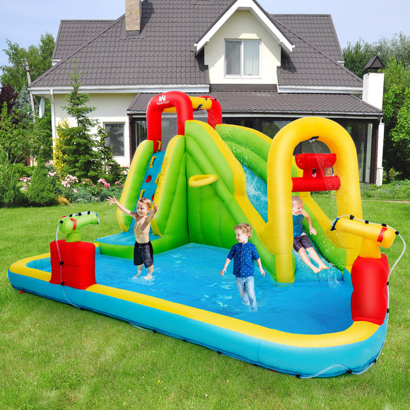 NNECW Inflatable Water Slide with Climbing Wall and Water Gun for Indoor/Outdoor Play without Blower