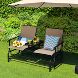 NNECW 2 Person Mesh Fabric Glider Chair with Center Table for Outdoor-Beige