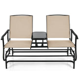 NNECW 2 Person Mesh Fabric Glider Chair with Center Table for Outdoor-Beige