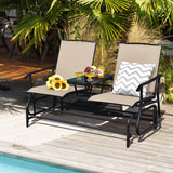 NNECW 2 Person Mesh Fabric Glider Chair with Center Table for Outdoor-Beige