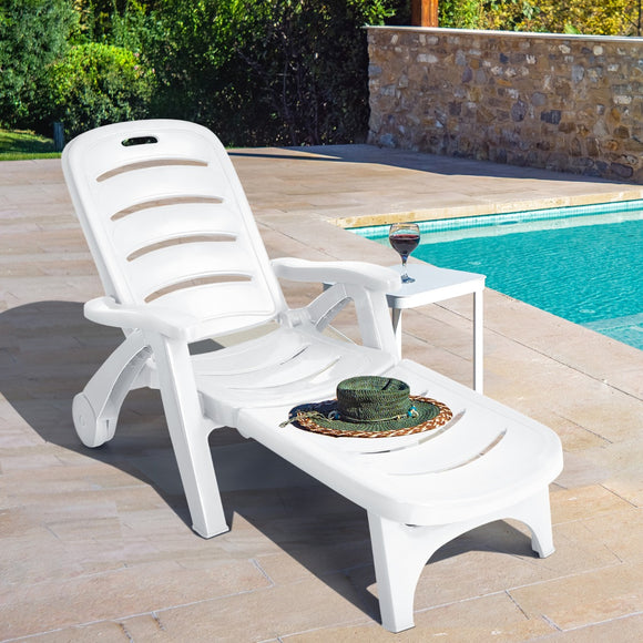 NNECW Adjustable Chaise Lounge Chair with Built-In Wheels for Patio White
