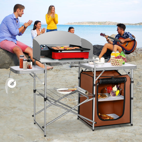 NNECW Folding Camping Table with Storage & Windscreen for BBQ & Party-Coffee