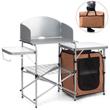 NNECW Folding Camping Table with Storage &amp Windscreen for BBQ &amp Party-Coffee