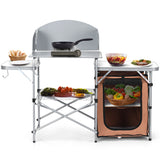 NNECW Folding Camping Table with Storage &amp Windscreen for BBQ &amp Party-Coffee