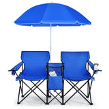 NNECW Folding Camping Loveseat  with Removable Umbrella &amp Cupholder for Picnic-Blue