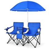 NNECW Folding Camping Loveseat  with Removable Umbrella &amp Cupholder for Picnic-Blue