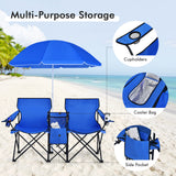NNECW Folding Camping Loveseat  with Removable Umbrella &amp Cupholder for Picnic-Blue