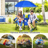 NNECW Folding Camping Loveseat  with Removable Umbrella &amp Cupholder for Picnic-Blue