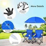 NNECW Folding Camping Loveseat  with Removable Umbrella &amp Cupholder for Picnic-Blue