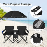 NNECW Folding Camping Loveseat  with Removable Umbrella & Cupholder for Picnic