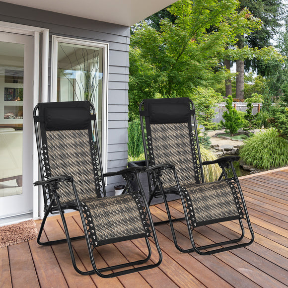 NNECW 2 Pieces Rattan Zero Gravity Lounge Chair with Pillow for Yard-Gray