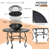 NNECW Patio Round Fire Pit Dining Table with Cooking Grill & Wood Grate