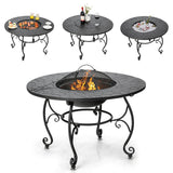 NNECW Patio Round Fire Pit Dining Table with Cooking Grill & Wood Grate