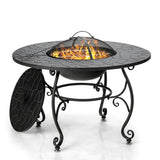 NNECW Patio Round Fire Pit Dining Table with Cooking Grill & Wood Grate