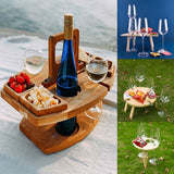 NNEOBA Portable Wooden Picnic Table Carry Handle Outdoor Folding Wine Table Removable Wine Glass Holder Folding Table Fruit Snack Tray