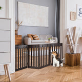 NNECW Wooden Freestanding Pet Gate with 360 Flexible Hinges for Home & Stairs & Doorway-Brown