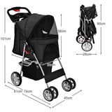 NNECW 4-Wheel Folding Pet Stroller with Mesh Windows &amp Storage Basket-Black