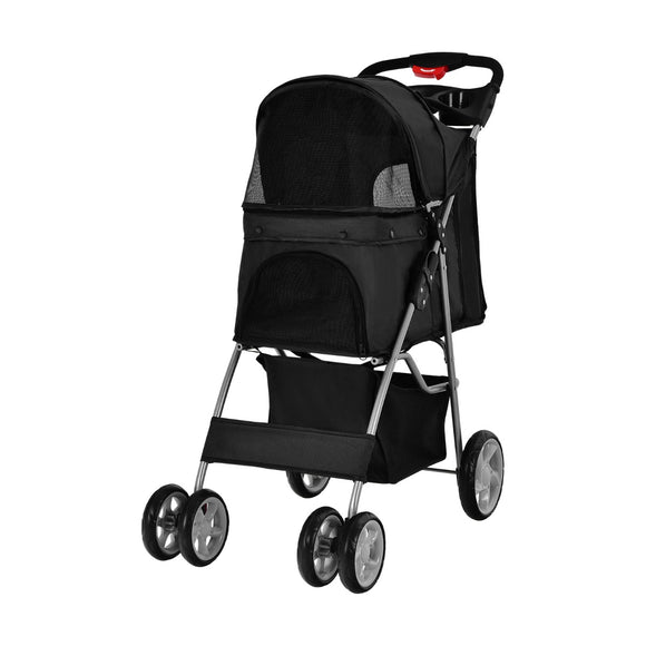 NNECW 4-Wheel Folding Pet Stroller with Mesh Windows & Storage Basket-Black