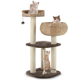 NNECW Rattan Cat Tree with Napping Percyh and Hanging Rope for Pet
