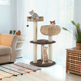NNECW Rattan Cat Tree with Napping Percyh and Hanging Rope for Pet