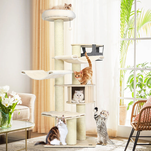 NNECW 197cm Multi-level Cat Tree Cat Tower with Wooden Condo