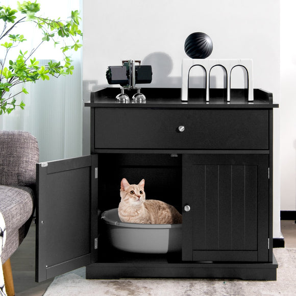 NNECW Modern Cat Litter Box Enclosure with Drawer & 2 Doors-Black